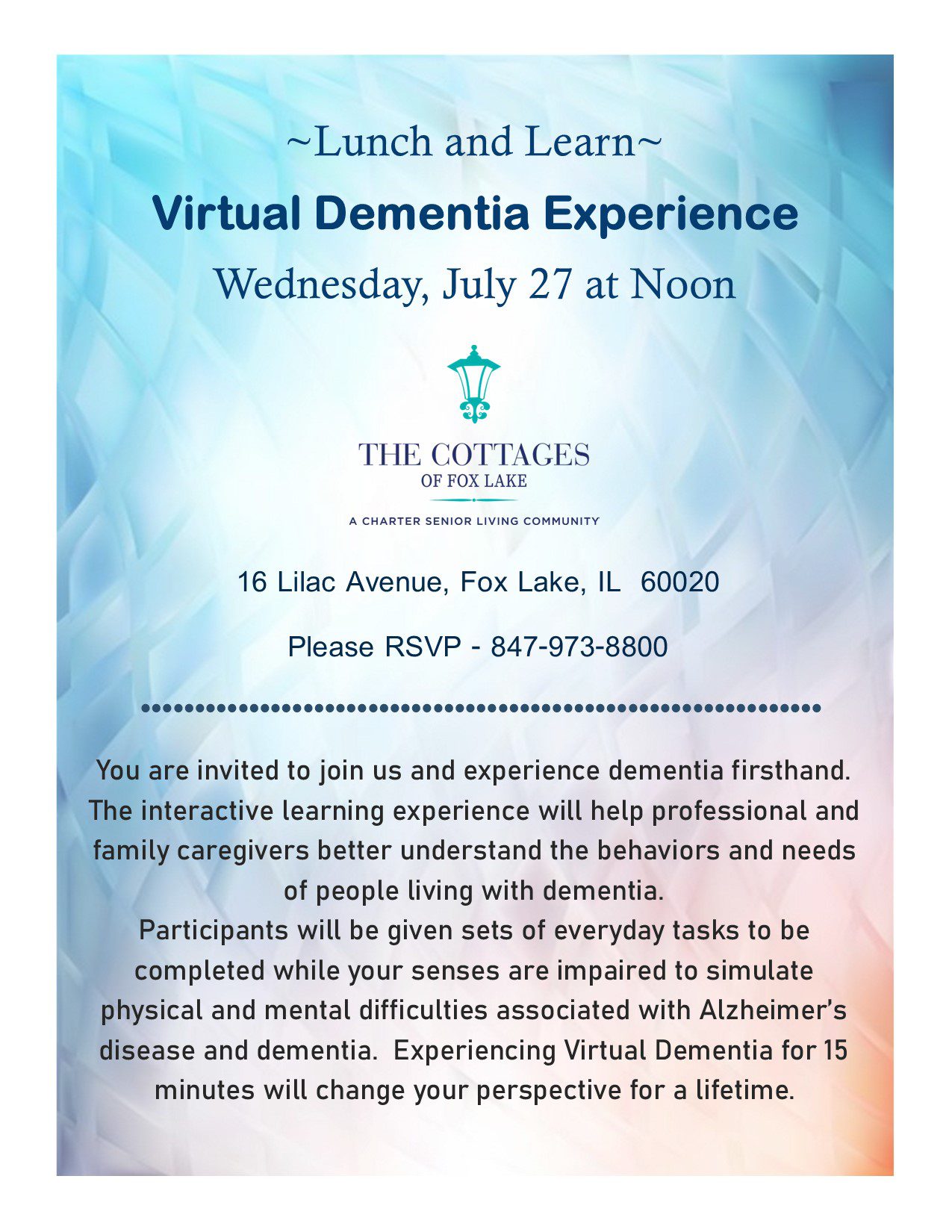 Cottages of Fox Lake - Assisted Living and Memory Care - Lunch and Learn Virtual Dementia Experience