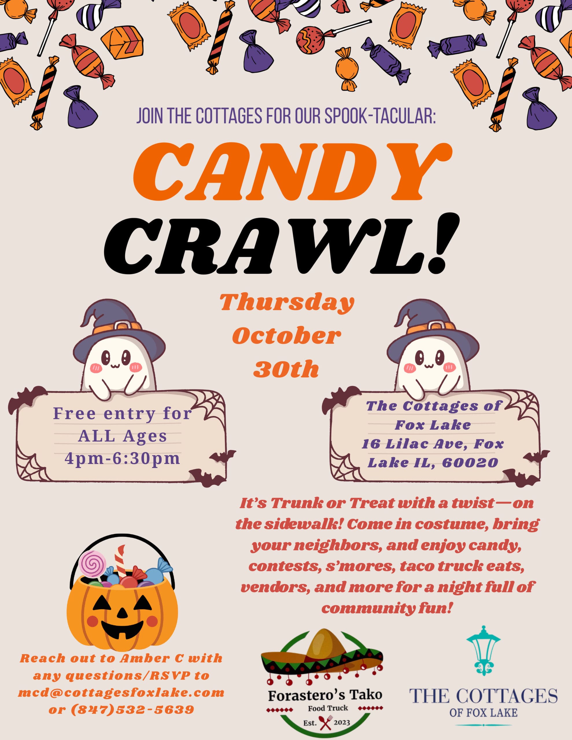 Orange Black Playful Illustrative Halloween Party Invitation Fly Cottages of Fox Lake - Assisted Living and Memory Care - Candy Crawl 2025
