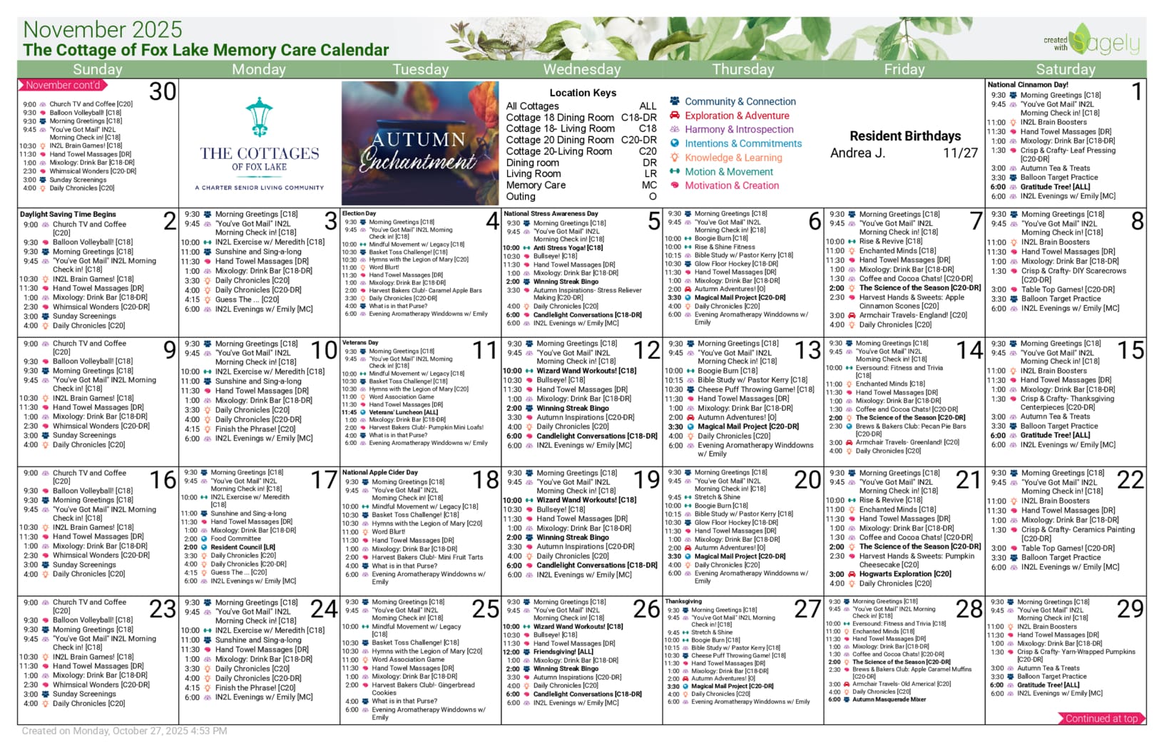 Cottages of Fox Lake - Assisted Living and Memory Care - Memory Care Calendar